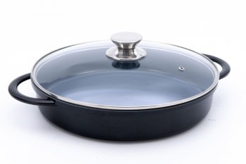 CACAROLA BAIXA REDONDA PRETA C/ TAMPA VIDRO C/ ANTIADERENTE DIAM.30CMX6CM VOL.3,5L HERCULES PA9000-30P